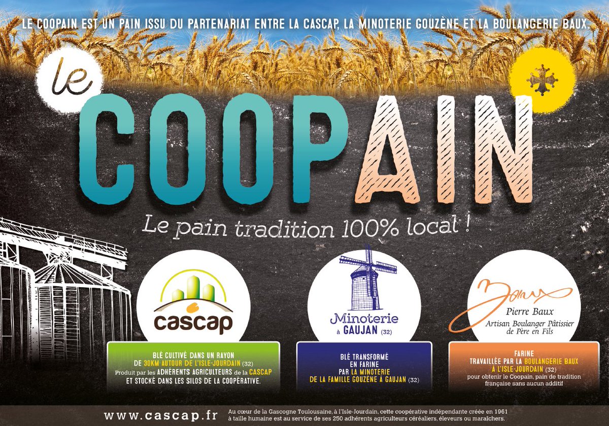 CoopCascap's tweet photo. Retrouvez le COOPAIN, pain 100% local, issu de notre filière courte dés demain à la boulangerie Baux à l'Isle-Jourdain ! #local #blé #circuitcourt #Gers  @LisleJourdain32 https://t.co/3Nqpgt1nqo