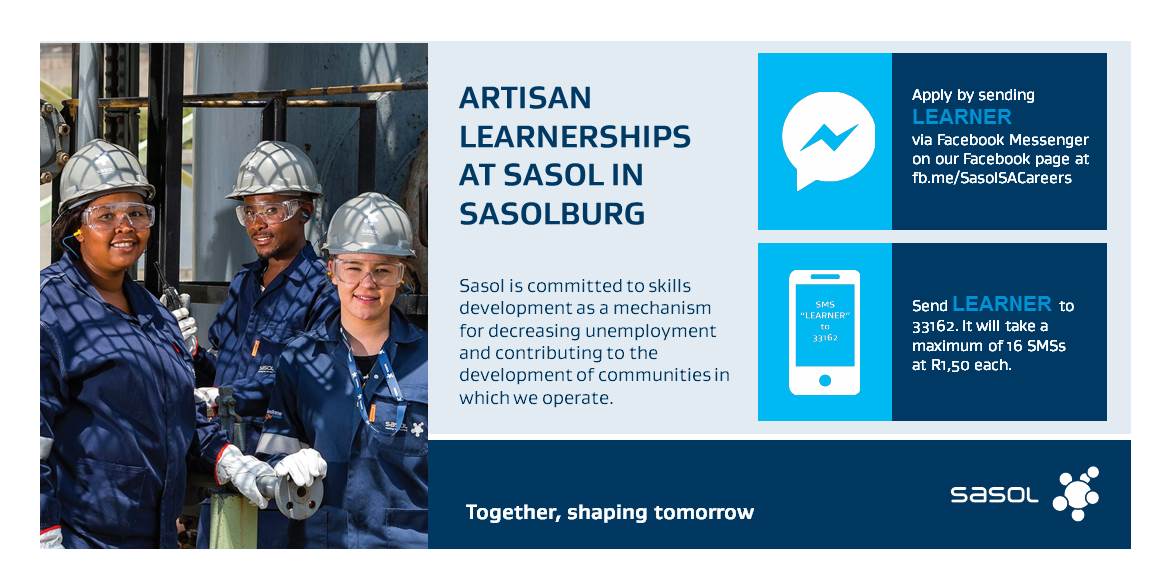 SasolSA's tweet photo. Applications for artisan learnerships now open. Please share with your network. Click here for more information https://t.co/39Dr3dIW89 https://t.co/2fTfWWXeos