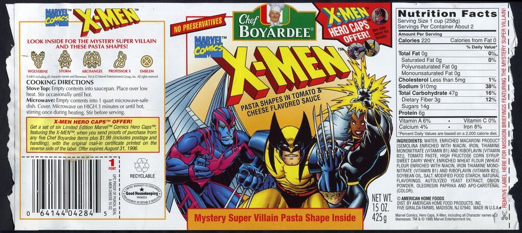 DailyArtAdams's tweet photo. X-Men Chef Boyardee labels https://t.co/X6LIH7hOT0