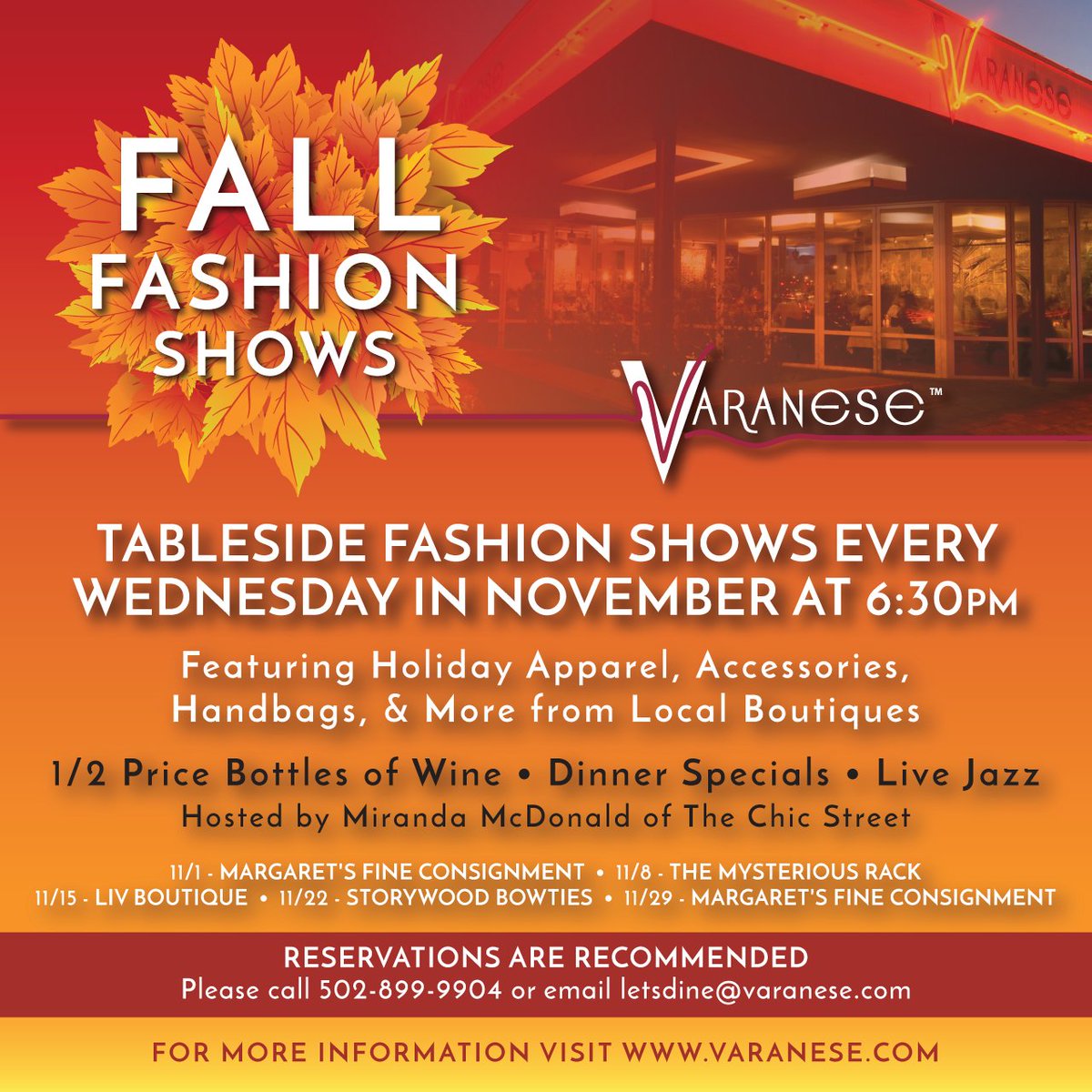 Join us this Wednesday for our Fall Fashion Show with #LivBoutique! Plus,1/2 bottles of wine, food specials &amp; live jazz music! ow.ly/OTCE30gxVTF