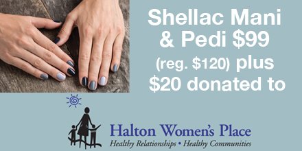 EnhanceMilton's tweet photo. > Shellac Mani &amp; Pedi $99 (reg. $120) plus $20 donated to Halton Women’s Place @HaltonWP. Buy/use above by Dec 9 2017. Call/text 905.864.0000 to book, or email info@enhance.ca https://t.co/rX95pbKAT7