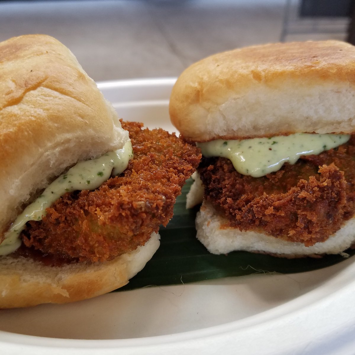 BENGALI FISH SLIDERS- Fried NC catfish topped with ginger-chili mayo and Maggi ketchup. Served on buttered pav. #botiwalla #specials #mypcm