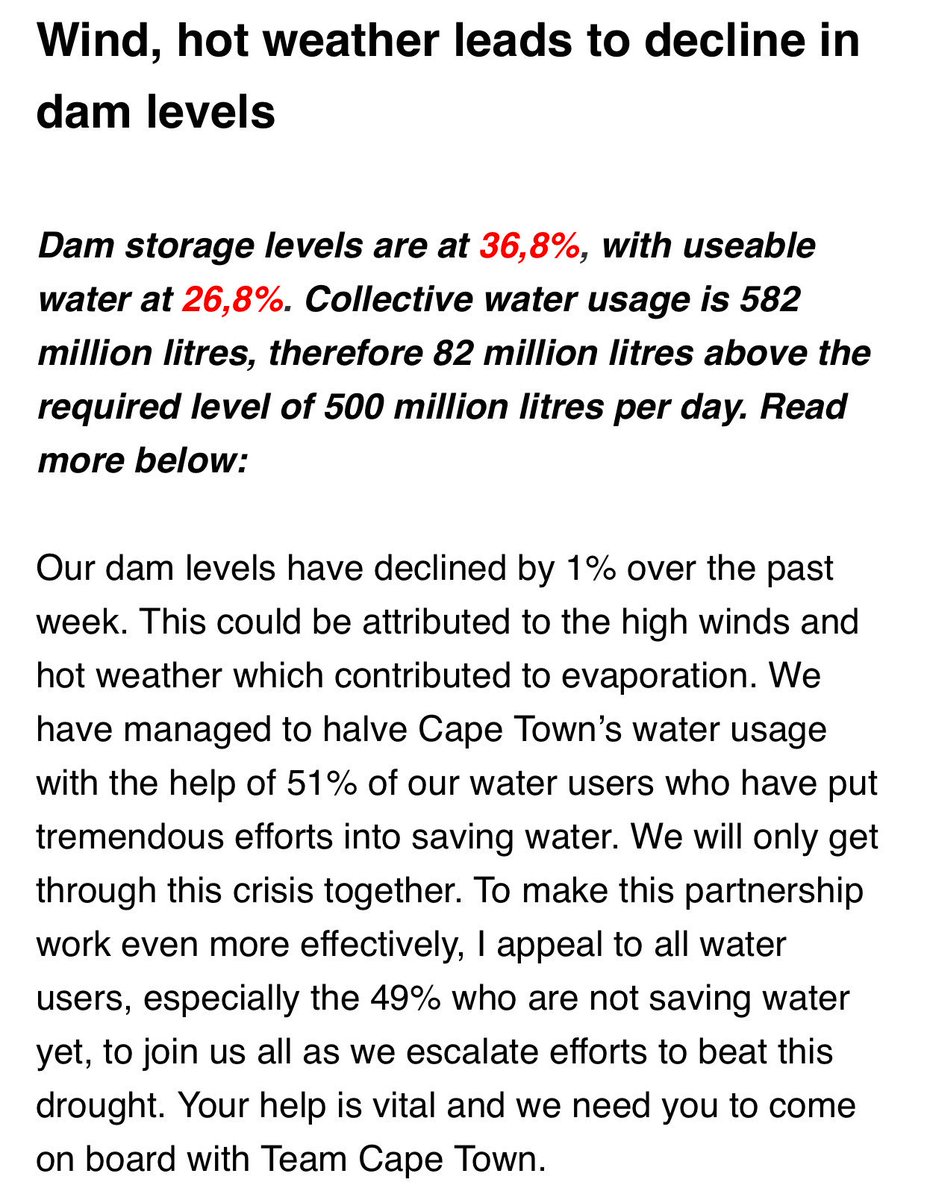 pejames's tweet photo. #Drought Cape Town mayor @PatriciaDeLille announces that dam levels dropped by 1% the past week, implying there’s only 26 weeks of water consumption left. @TeamNews24 https://t.co/Zq9LzDWRjk