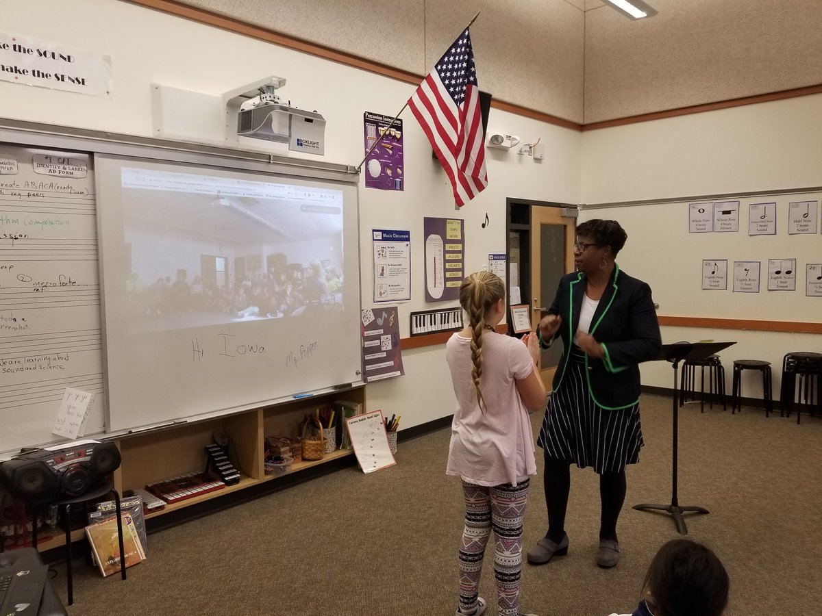 MsCZen's tweet photo. Hawk Elementary learning songs and dances with a class in Iowa! Awesome job, Ms. Sanlin! #cksdchat https://t.co/7kyFcvb4U3