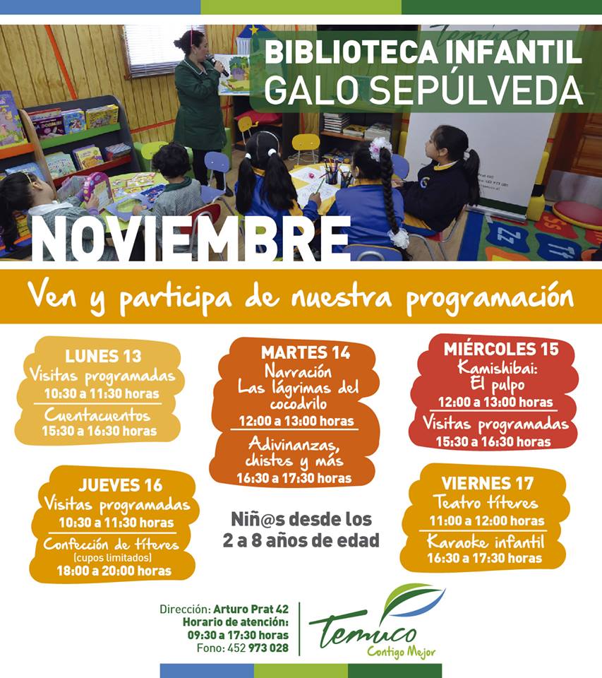 #Temuco Conoce las actividades que tiene preparado para el mes de noviembre la Biblioteca Infantil de <a href="/municipiotemuco/">Municipalidad Temuco</a> ➜ goo.gl/BzZJub