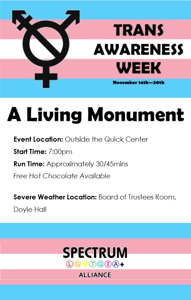 SBU_SPECTRUM's tweet photo. Join us TONIGHT at 7pm outside the @QuickArtsCenter as we stand in solidarity &amp; honor the resiliency &amp; courage of the Trans Community along with the memory of those lives lost due to acts of anti-transgender violence #OutAtBonas https://t.co/nXh2NMxO4j