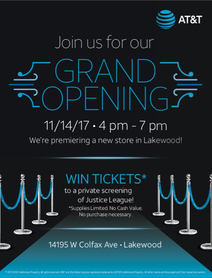 SuzanneTPR's tweet photo. Tuesday: Stop by AT&amp;T's new #Lakewood, CO store 4-7PM for chance to win a pair of tickets to private screening of #JusticeLeague #GrandOpening 14195 W Colfax Ave #attemployee #colorado #familyfun #movienight #giveaway #lifeatATT #attcolo https://t.co/ozESYYda9b