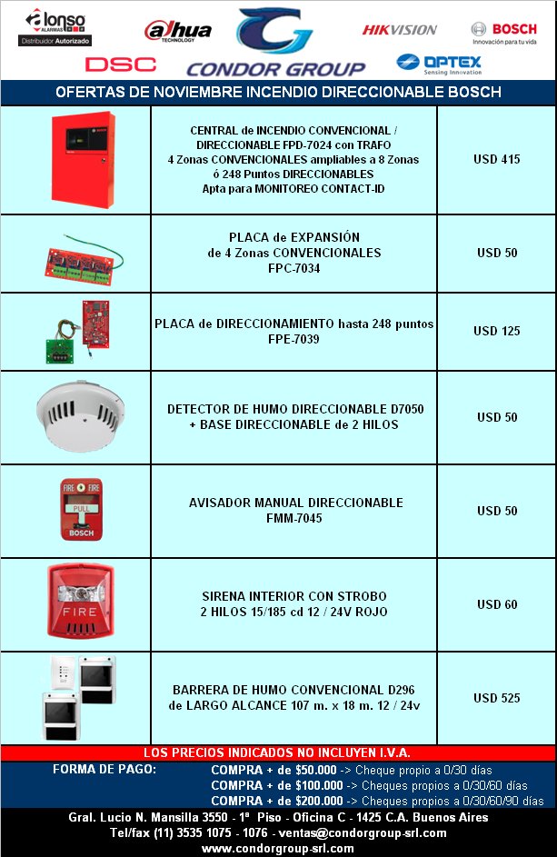 condorgroupsrl's tweet image. OFERTAS DE INCENDIO DIRECCIONABLE BOSCH!!
Durante el mes de Noviembre.
Consultas a: ventas@condorgroup-srl.com