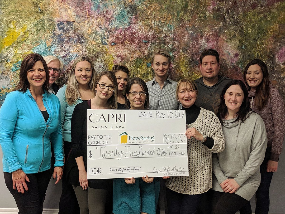 HopeSpring (@hope_spring) on Twitter photo WOW! Thank you so much to the amazing people at <a href="/caprisalonspa/">Capri Salon and Spa</a>! Their "Lace Up for HopeSpring" Fundraiser raised $2,550 (not to mention the inspiration of them walking in this weather from their salon all the way to HopeSpring in our new home at <a href="/InnOfWaterloo/">TheInnOfWaterloo</a>! WOW! Thank you so much to the amazing people at <a href="/caprisalonspa/">Capri Salon and Spa</a>! Their "Lace Up for HopeSpring" Fundraiser raised $2,550 (not to mention the inspiration of them walking in this weather from their salon all the way to HopeSpring in our new home at <a href="/InnOfWaterloo/">TheInnOfWaterloo</a>!