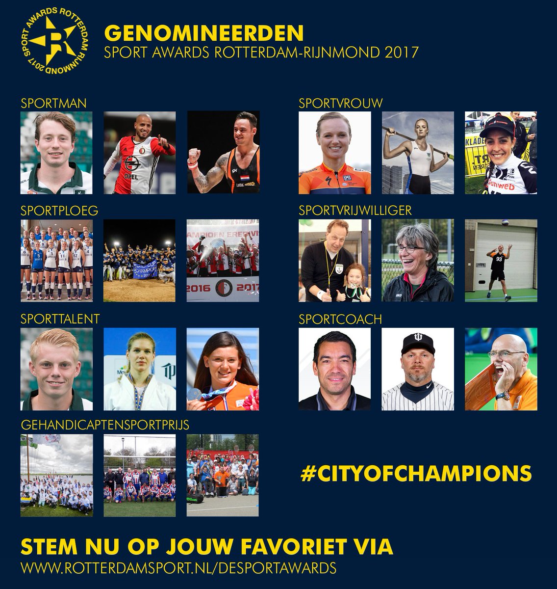 Sportstad's tweet photo. En er kan gestemd worden! De genomineerden van de Sport Awards zijn zojuist bekend gemaakt door @RijnmondSport Ga naar https://t.co/6xdtQ7fslw en stem op jouw favoriet! #cityofchampions https://t.co/pXj8ZLxo3N