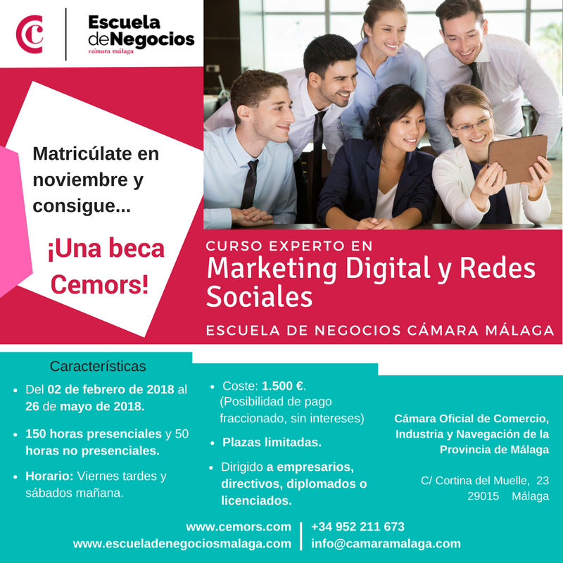 CemorsCurso's tweet photo. ¿Te interesa el #MarketingOnline? Aprovéchate de las becas que conceden @Camara_Malaga en Noviembre y plantéate tu futuro con #Cemors. https://t.co/GaTAvbUqpK