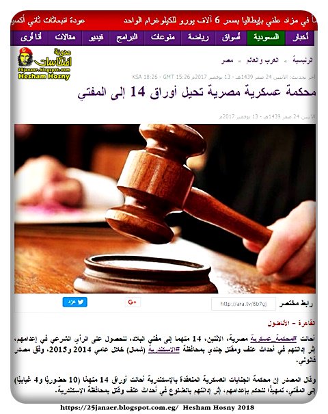 محكمة عسكرية مصرية تحيل أوراق 14 إلى المفتي.