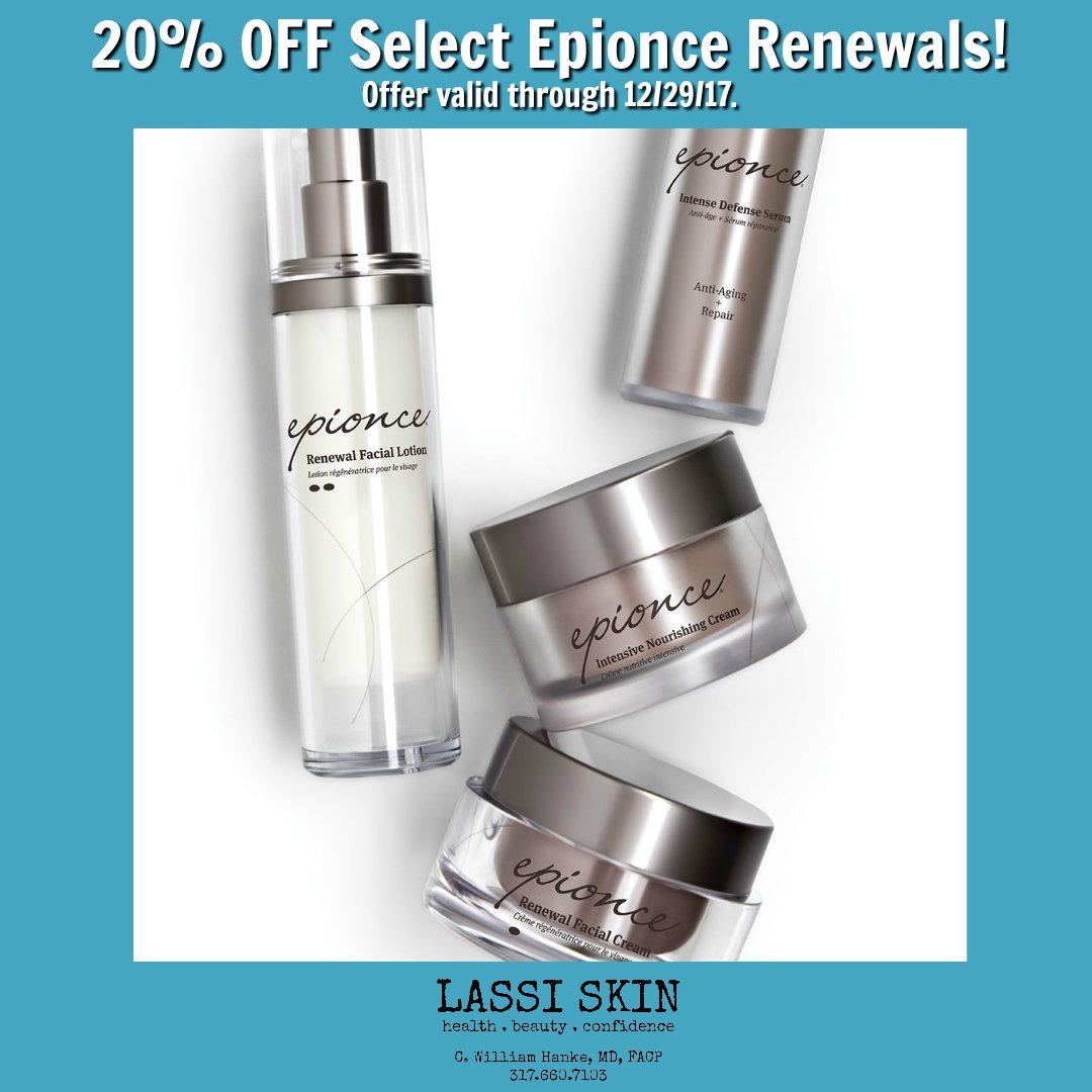 The_LASSI's tweet photo. 'Tis the Season for Beautiful, Healthy Skin. 20% OFF Select #Epionce Renewals! 
Enjoy 20% off these Epionce Renewal favorites: 
Intense Defense Serum, Renewal Facial Cream,
Renewal Facial Lotion, Renewal Lite Facial Lotion
and Intensive Nourishing Cream. #lassiskin #antiaging https://t.co/UriP3UIKDn