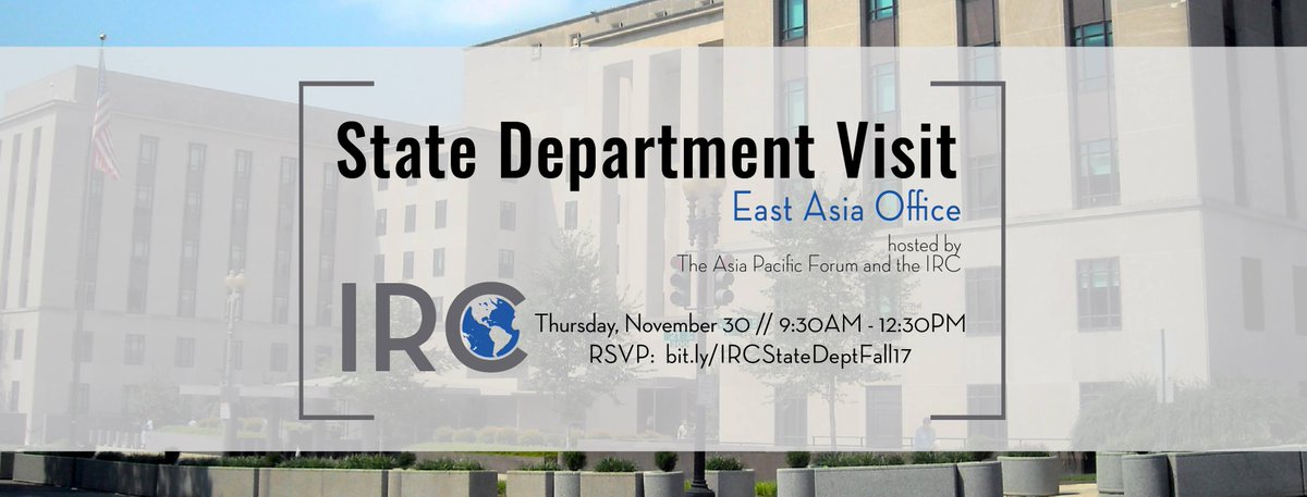 GeorgetownIRC's tweet image. Come visit the East Asia Office of the State Department w/ Asian Pacific Forum for briefings on North Korea and Japan-related topics. Students will be randomly selected from the interest form. Transportation will be arranged. RSVP here bit.ly/IRCStateDeptFa… by Nov. 15, 5:00 PM.