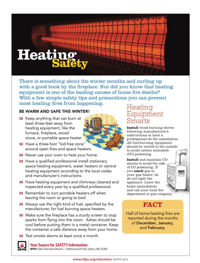 Dependence on heating equipment increases during the winter months. As it begins to get colder please take some time to review these safety tips from <a href="/NFPA/">NFPA</a> to make your winter warm &amp; safe: