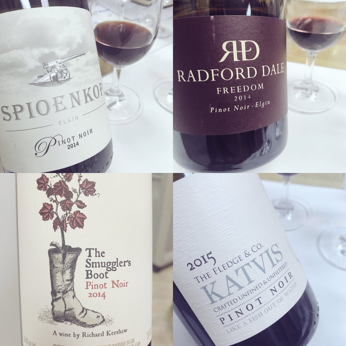 grapeslave's tweet photo. Second flight of 4 Pinot Noirs @spioenkopwines #radforddale @RKershawWines #fledgeandco #katvis https://t.co/GmvqOGGNhU