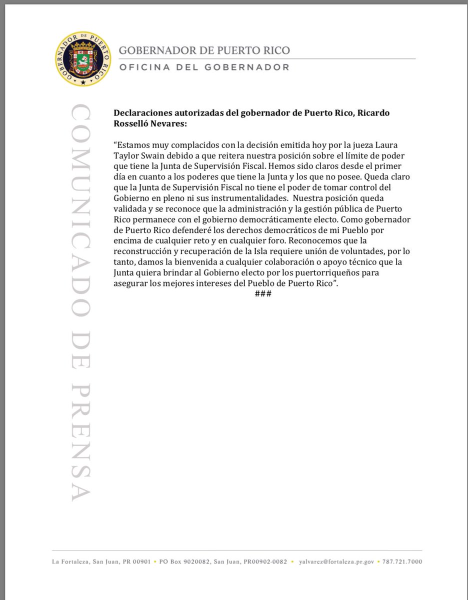 ricardorossello's tweet photo. Declaraciones sobre la determinación de la Jueza Swain emitida durante el día de hoy. https://t.co/StuhPoW3n1