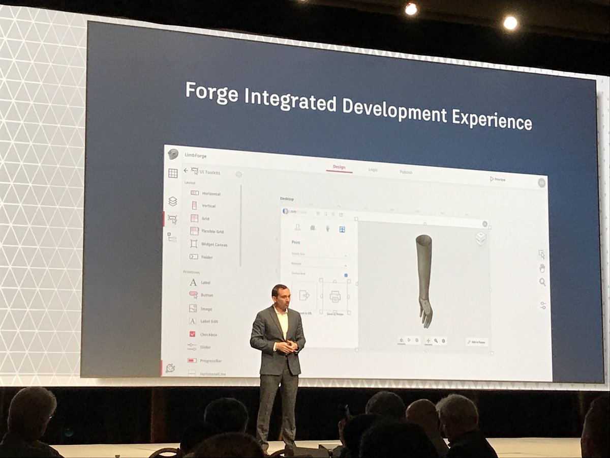 LimbForge's tweet photo. @AutodeskForge’s Sr Dir Brian Roepke discussing new @autodesk technology for mass customization that LimbForge uses for low-cost #prosthetics at #AU2017 https://t.co/7oHxo5by7s