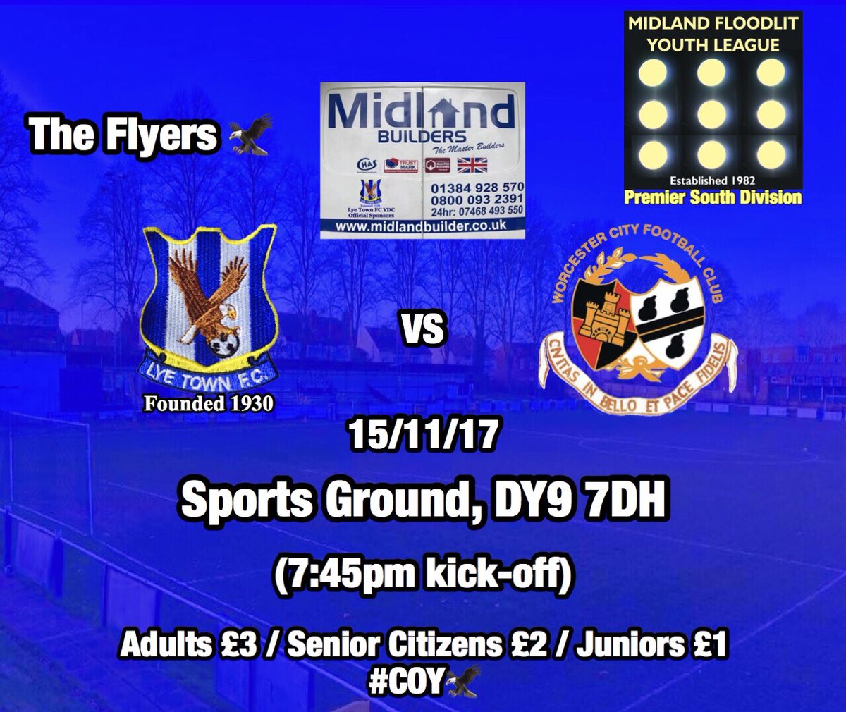 Lyetownofficial's tweet photo. Our Youth Team are back at the Sports Ground in MYFL action on Wednesday evening (7:45pm) to where we welcome @WorcesterCityFc Youth.
#LTFCYDC #MYFL #COYF🦅 https://t.co/c54isH5QOL