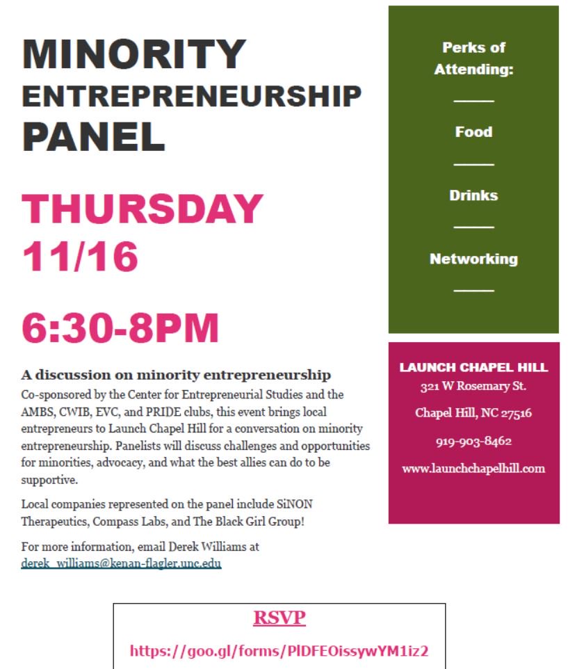 2timflood's tweet photo. Minority Entrepreneurship Panel This Thursday (Nov 16) at Launch Chapel Hill. RSVP at https://t.co/7vILpf4KA7 // Hoping for retweets to spread the word from @innovateunc @UNCeship @launchCH @unceminor @kenanflagler and any others : ) https://t.co/CzO9jYVj9a