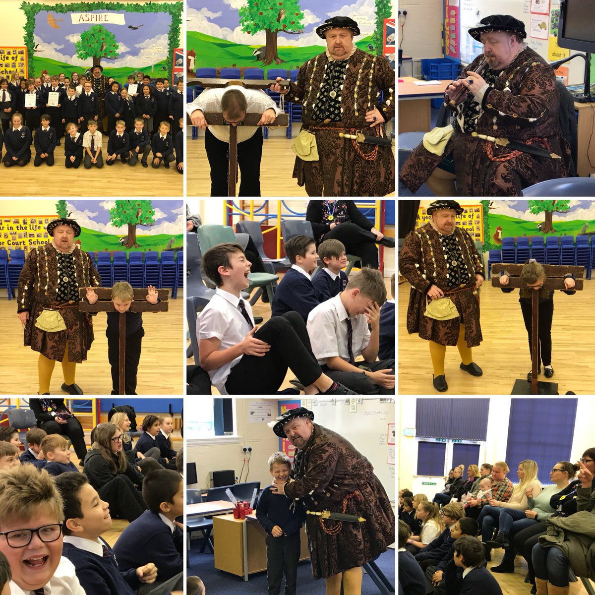 ManorCourtChard's tweet image. A montage of photos from Y6 today. Parents, children and staff all had a brilliant day! Even Mr G was put in the stocks! Thank you @TheGoodKingHal