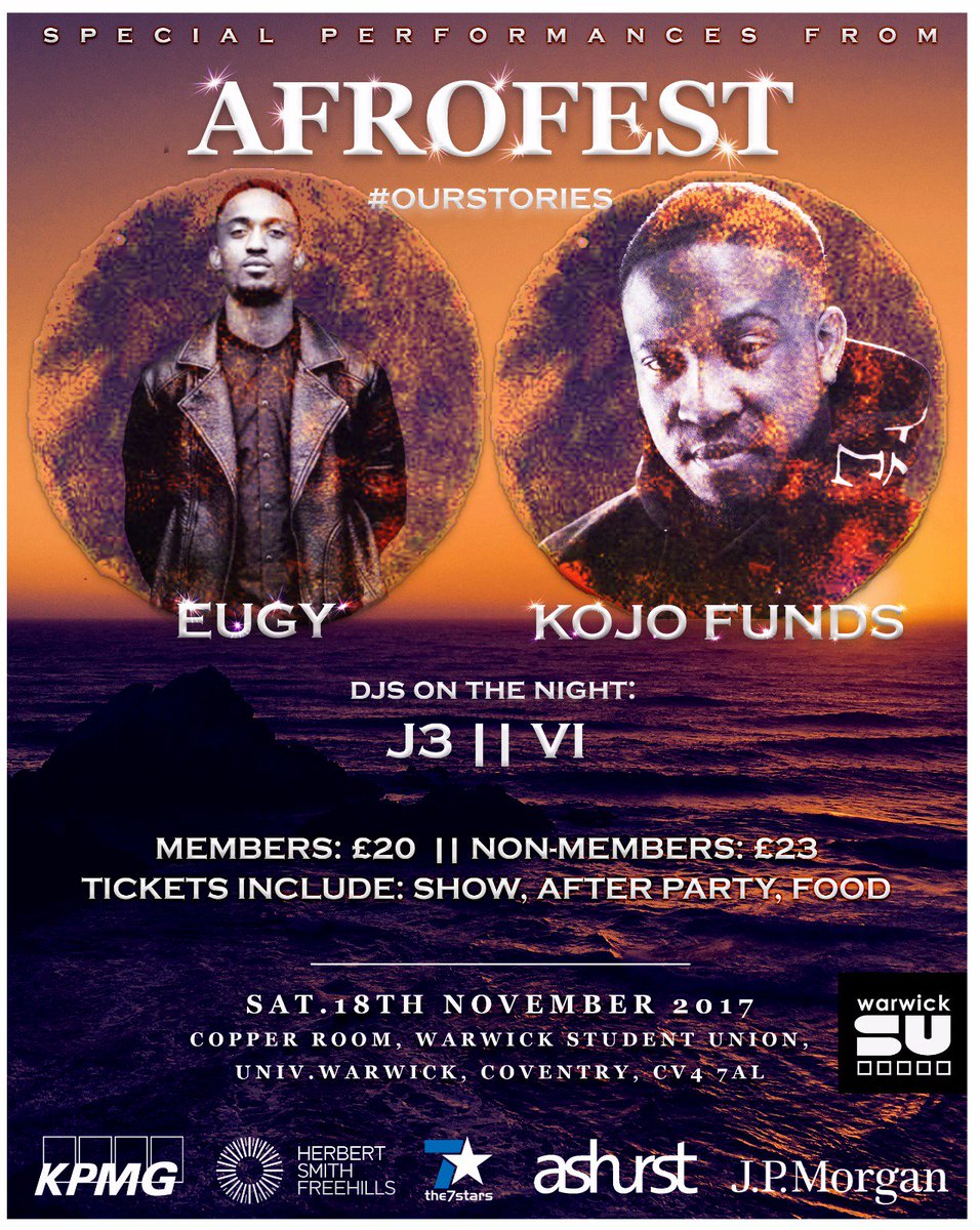 WarwickACS's tweet photo. ❕❕With 5 days to go we are happy to introduce our second act, MOBO awards nominated for best newcomer and best song, @KojoFunds ✨✨ #Afrofest2017 #OurStories https://t.co/z0J6iUvmyt