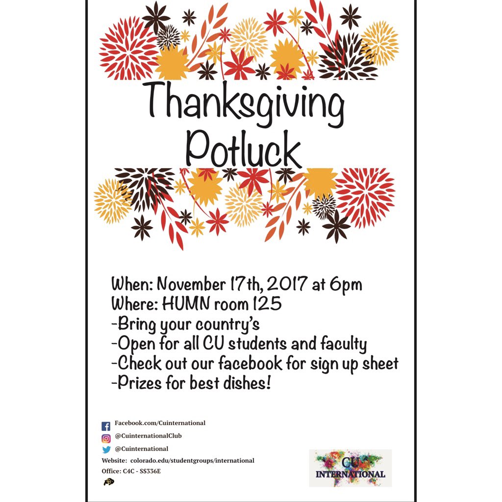 cuinternational's tweet image. CU international its annual Thanksgiving Potluck this Friday!!! Join us for great company and yummy food. 
#CUBoulder