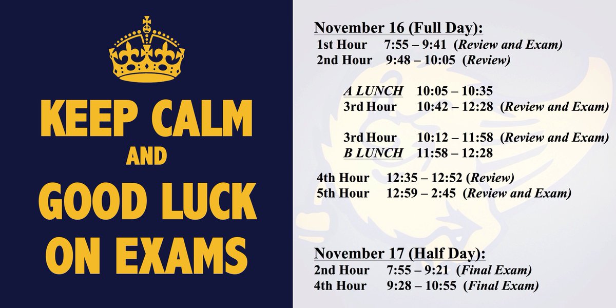 icomets's tweet photo. KEEP CALM &amp; GOOD LUCK ON EXAMS! Here's the exam schedule for Thur. &amp; Fri. @gl_section @gl_council @glhsnhs @DatSchoolStore @GrandLedgePALs @GLMusicals @GLPom @CheerGlhs @MrHeany @TonyaMRice @KDavisLiteracy @CoachBird_GL @pridgeon1313 @GrandLedgeHS @glhscomets @GLPS_rightnow https://t.co/vCMjq8CbRS