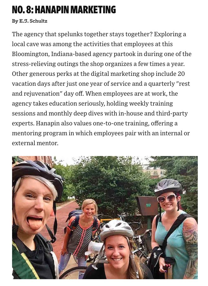 Excited <a href="/Hanapin/">Hanapin Marketing</a> is #AdAge's #8 Best Place to Work w/in Marketing, Media, &amp; Advertising Agencies across the entire country! #mindblown and #overjoyed. Proud of this awesome team! buff.ly/2ABVGhf