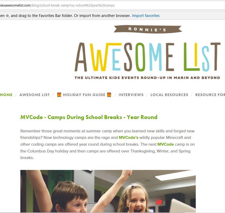 mvcode's tweet image. Thanks Ronnie's Awesome List - @RonnieList - for featuring our upcoming camps… #MVCode Thanksgiving & Winter break camps…Check out the story here - ronniesawesomelist.com/blog/school-br…'    #kidscoding #thanksgivingbreak #winterbreak