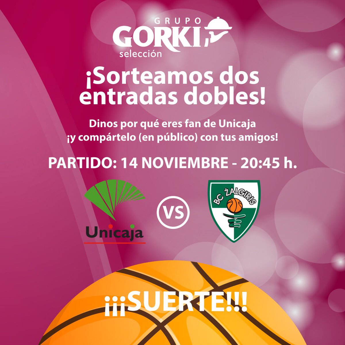 GrupoGORKI's tweet photo. ¡Vamos a por el sorteo del partidazo de esta semana! 🏀 @unicajaCB 💚💜
Sorteamos dos entradas en Facebook y dos en Twitter, ¡participa! https://t.co/Gy1BUvQGJS