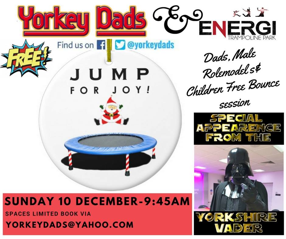 YorkeyDads's tweet photo. Excited to announce our free annual, yes 'free' dads/male role models &amp; kids christmas trampoline @Energi_York with special guest 'I am your father' Yorkshire Vader.Let the Mrs lie in or bring her along for the free brews in the cafe.Sun10 Dec @yorkmumbler @minsterfm @CityofYork https://t.co/4g6JuG01vH