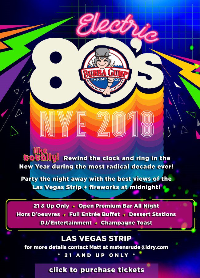 TambaraG's tweet photo. Are you celebrating NYE in Vegas? Tickets on sales now for the Electric 80's Party at Bubba Gump Shrimp Co. Las Vegas - $109 includes full buffet, premium open bar, DJ and Champagne Toast - all with a view of the strip and midnight fireworks extravaganza! https://t.co/KJHLAFLXf7 https://t.co/ROLUrWDeut