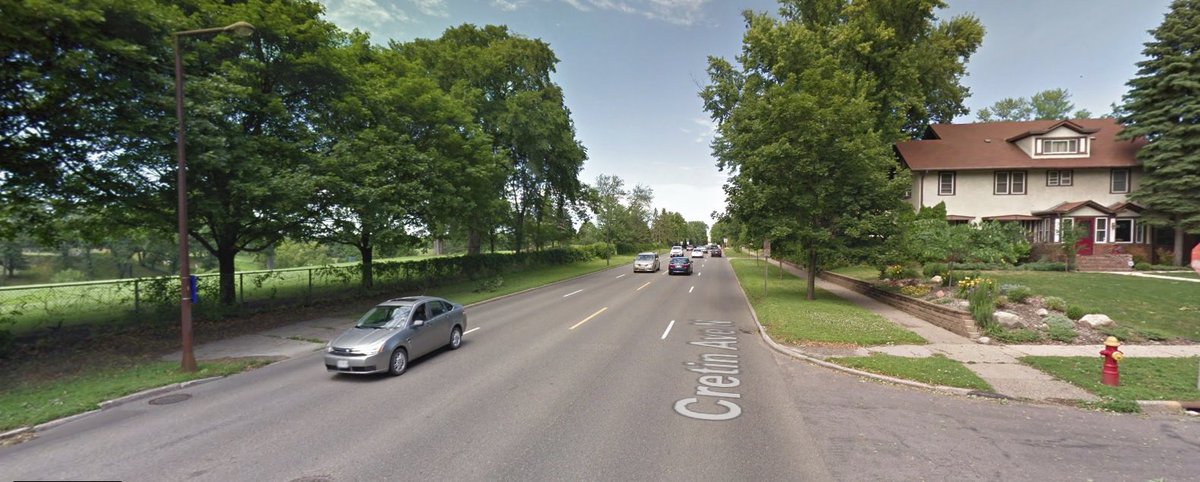 StribRoper's tweet photo. Last night, a driver struck and critically injured a 14 year old boy who was trying to cross Cretin Ave from this bus stop (at left) https://t.co/8IpG62P4G7 https://t.co/iws5pY0jj3