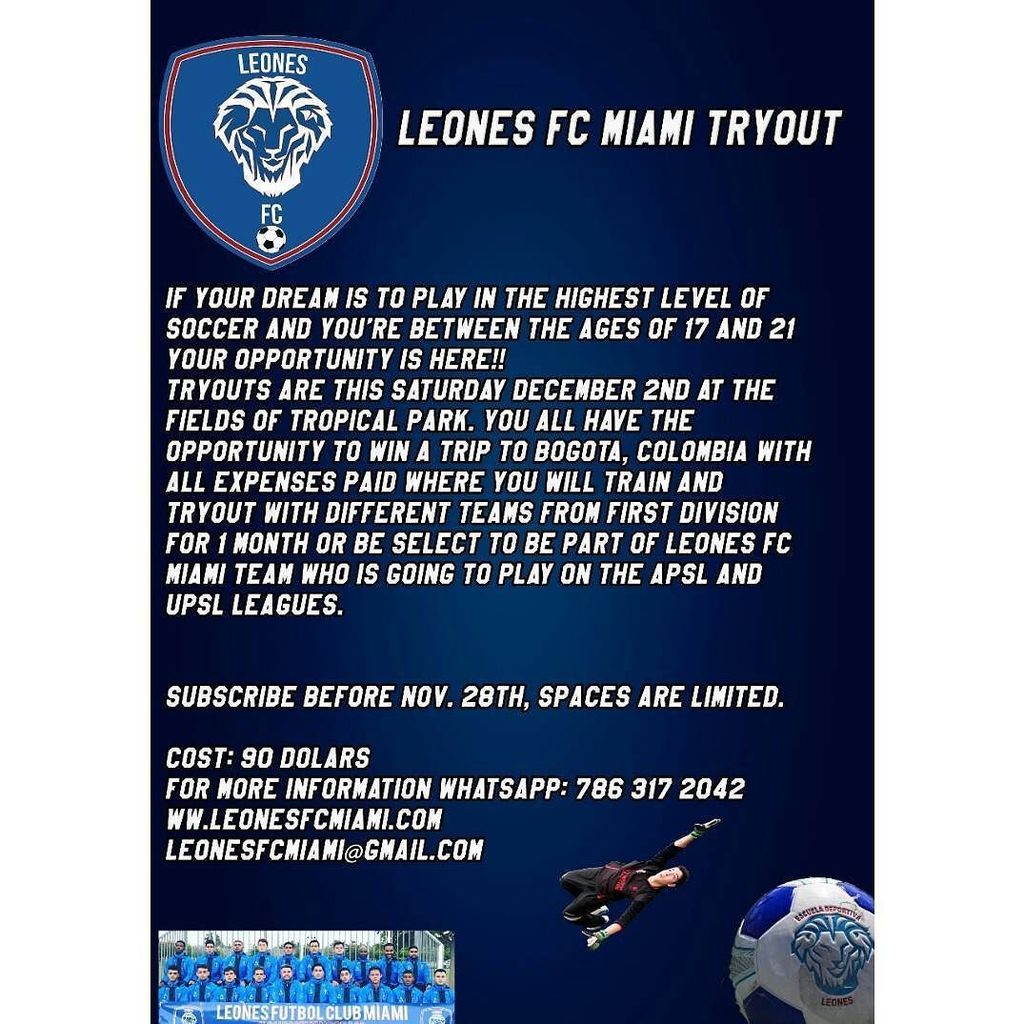 LeonesFCMiami's tweet photo. If your dream is to play in the highest level of soccer and you’re between the ages of 17 and 21 your opportunity is here‼️ Tryouts are thi… https://t.co/Qvl7B3yrP4