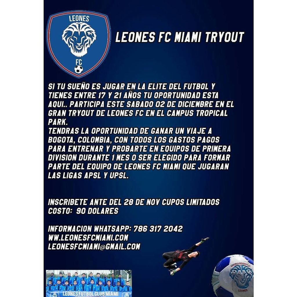 LeonesFCMiami's tweet photo. If your dream is to play in the highest level of soccer and you’re between the ages of 17 and 21 your opportunity is here‼️ Tryouts are thi… https://t.co/FvNjfi89ev