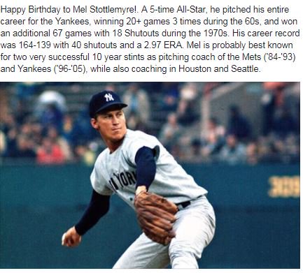 Happy Birthday to 5x All-Star pitcher Mel Stottlemyre!  