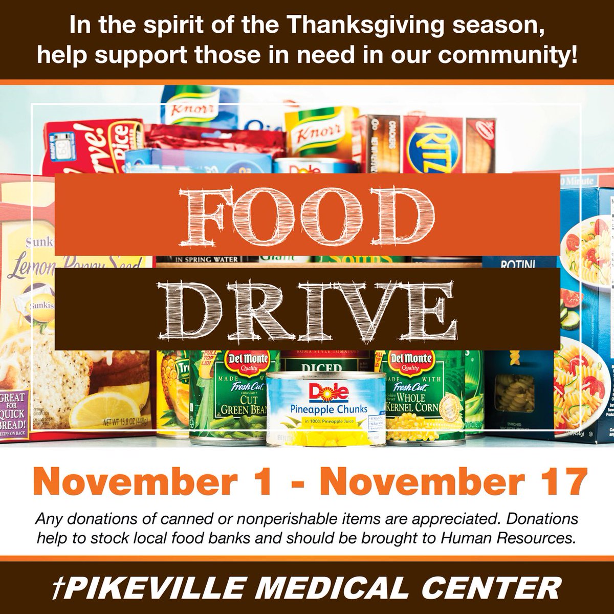 pmcpikeville's tweet photo. In the spirit of the Thanksgiving season, PMC employees are participating in a food drive for local food banks to support those in need. Remember the deadline is this Friday, November 17! #Thanksgiving #givethanks #localfooddrive #weloveourcommunity https://t.co/kAdjZSsrQR