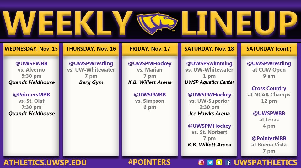 UWSPAthletics's tweet photo. Get your Game Face on #Pointers fans! Huge week of home events with @UWSPWBB and @PointersMBB opening the season at home, @UWSPWrestling home for conference dual, @UWSPMhockey and @UWSPWHockey home this weekend and @UWSPswimming back at the Aquatics Center! #UsingAll280Characters https://t.co/LX9LqgH1SX
