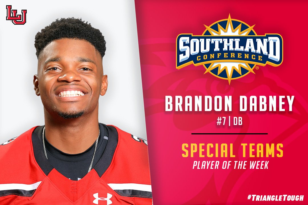LamarAthletics's tweet photo. Congrats to @LamarFootball DB Brandon Dabney for being named the @SouthlandSports Special Teams Player of the Week! #PeckEM #TriangleTough https://t.co/5Pemp3dUuB