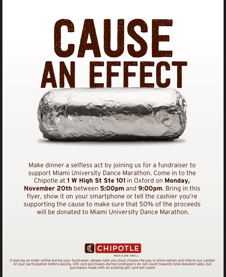 MUDM2018's tweet photo. Chipotle fundraiser a week from today! Support the kids next #miraclemonday and the first 3 people to retweet and like this tweet will get a prize! #forthekids #dancemarathon #mudm https://t.co/ilakG14MUo