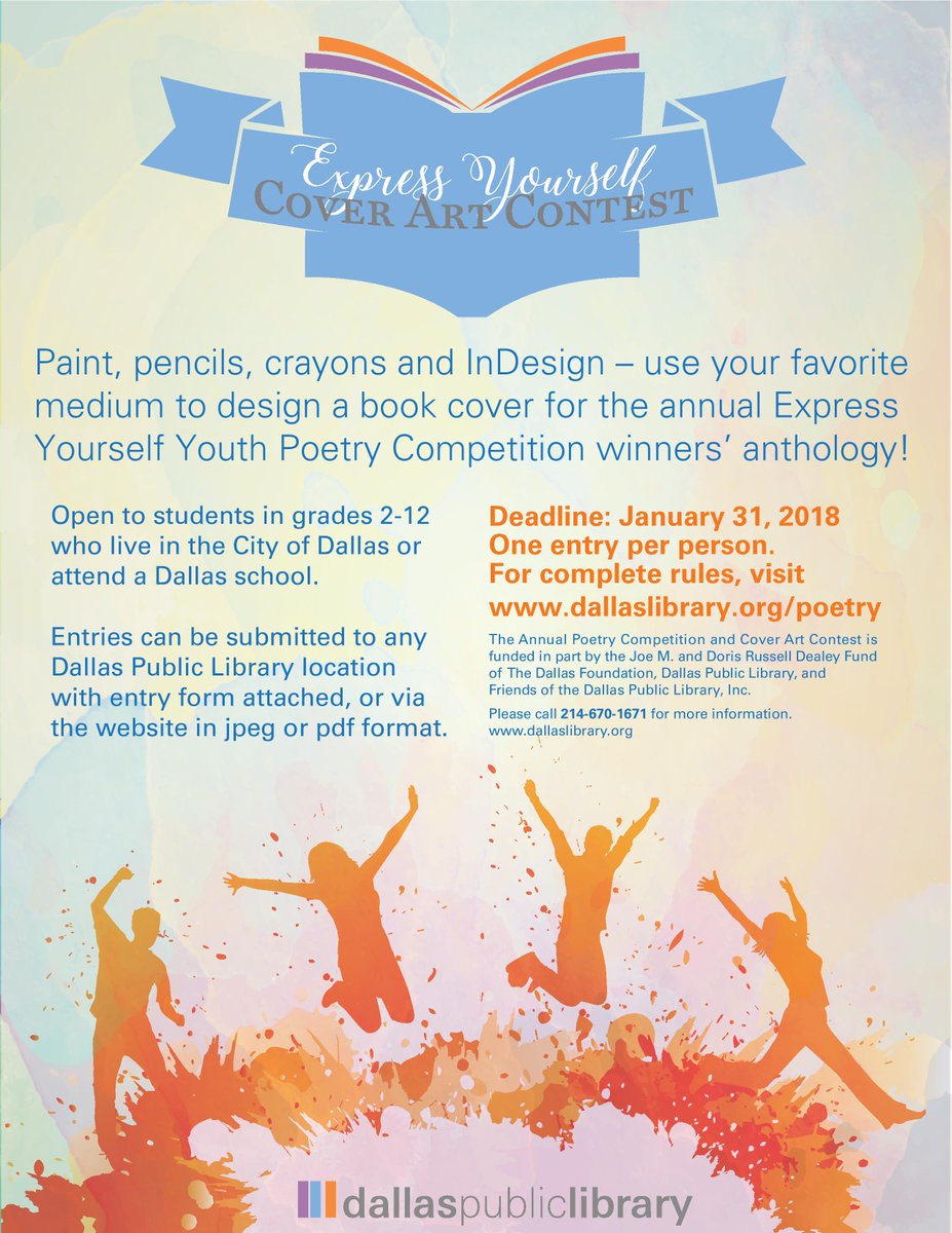 dallasculture's tweet photo. Attn Dallas Young Poets!! The @dallaslibrary is hosting the 22nd Annual "Express Yourself" Youth Poetry Competition! Submissions due Jan 31 https://t.co/BIG8mA8Tmj