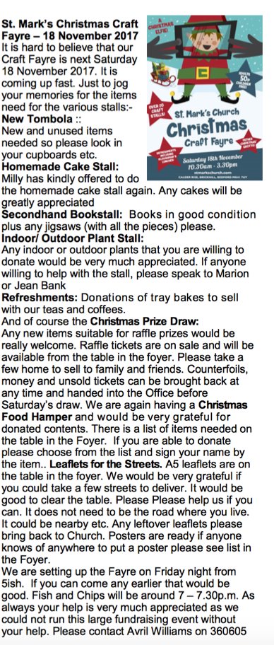 Here is an update about our Christmas Craft Fayre this Saturday (18th Nov) at St. Mark's 🎄 Please let us know if you can help 🎅