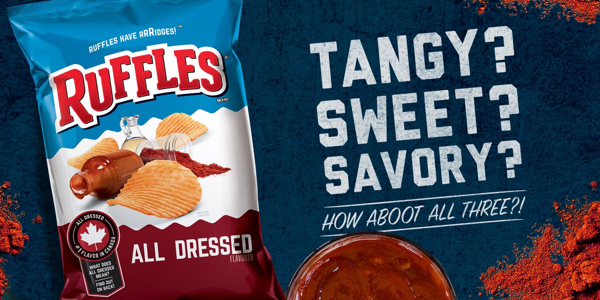 RUFFLES's tweet image. Some say it’s tangy. Some say it’s savory. We say it’s all that and a bag of chips. #BadChipPuns 🍁  #AllDressed