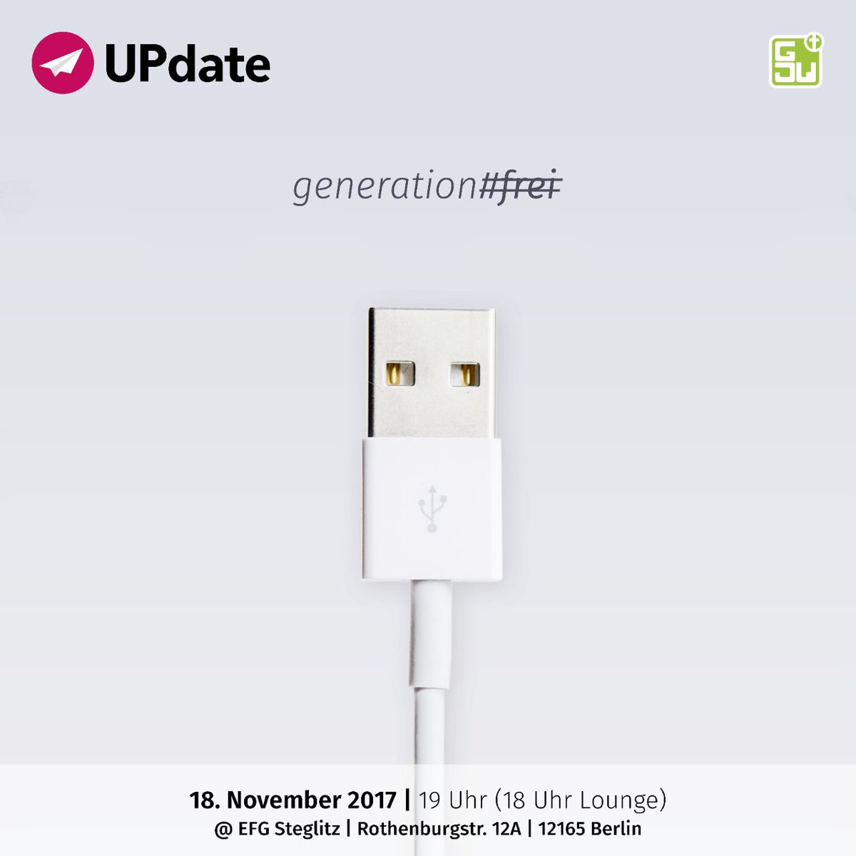 Nochmal eine ganz herzliche Einladung zum UPdate Godi am kommenden Samstag um 19 Uhr in der EFG Steglitz! 
Seid dabei, wenn wir uns mit dem Einfluss der Gesellschaft und ihrer Ideale auf uns selbst, beschäftigen und schauen welche Werte uns Gott eig. zuschreibt. #Generationfrei