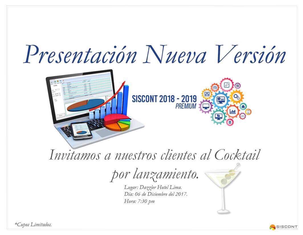 SiscontPeru's tweet photo. Tenemos el placer de invitarlos al cocktail por lanzamiento de la nueva versión "SISCONT 2018- 2019 PREMIUM"
Confirmar asistencia llenando la ficha de registro, en el link a continuación:
https://t.co/8kQq0aEK8N #SISCONTPREMIUM #SISCONT https://t.co/YwAVwPb2da