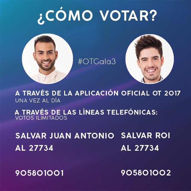 OT_Oficial's tweet photo. Aún tenéis tiempo para votar hasta que se cierren las líneas. Podéis hacerlo así 👇 #OTGala3 https://t.co/veOPamFYK9