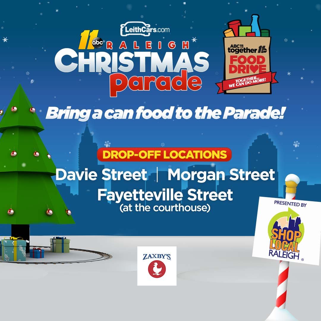 FoodBankCENC's tweet photo. It's almost time for the @ABC11Together Food Drive and you can bring your cans to the @shoplocraleigh @RaleighParade! To drop off your cans, just look for the Food Drive signs along the parade route!   

Bring 3 cans or more and you’ll get a Zaxby’s coupon https://t.co/PvVbkxUv0b https://t.co/egw1tz8KT6