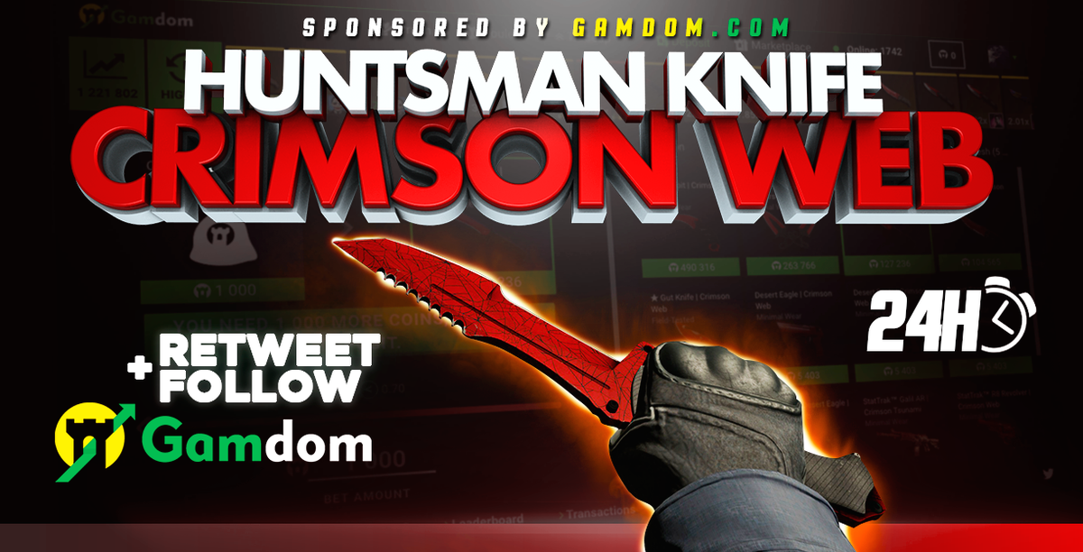gamdom's tweet photo. 🎁 DAILY Giveaway 🎁

🗡️FT Huntsman Knife | Crimson Web 🗡️

✅ Retweet
✅ Follow us    
✅ Reply with your Steam64ID
✅ Visit https://t.co/amB2LrFLPt

Winner will be picked in 24 hours Good luck everyone! https://t.co/yAEByRkScI
