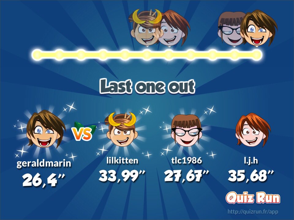 I finished 1st at the bronze tournament in Quiz Run. My username is geraldmarin quizrun.fr/rnS